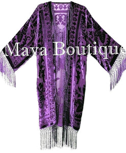 Ultra Violet Purple Kimono Long Fringe Jacket Burnout Velvet Maya Matazaro