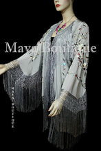 Maya Matazaro Embroidered Silk Fringe Jacket Kimono Silver Gray Birds & Flower
