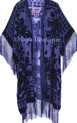 Navy Blue Silk Burnout Velvet Fringe Jacket Kimono Duster Maya Matazaro Plus