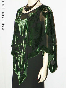 Silk Burnout Velvet Poncho Kimono Top Emerald & Black No Fringe Maya Matazaro