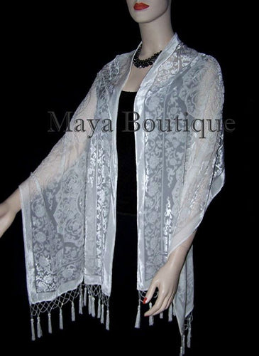 Silk Shawl Wrap Scarf Burnout Velvet Beaded Oblong IVORY Medalion Maya Matazaro
