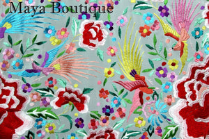 Flamenco Embroidered Silk Piano Shawl Wrap White Flower & Birds Multicolors 90"