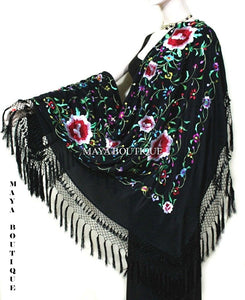 Embroidered Silk Piano Shawl Wrap Flamenco Roses Black Fringe 61" Maya Matazaro