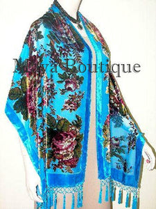 Turquoise Wrap Scarf Shawl Silk Burnout Velvet English Rose Beaded Maya Matazaro