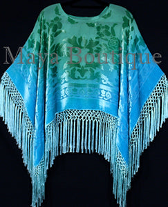 Jade Turquoise Burnout Velvet Poncho Shawl Top Ombree Hand Dye Maya Matazaro