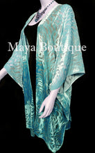 Maya Matazaro Aqua Ombre Camellia Burnout Velvet Caftan Kimono Jacket Hand Dyed