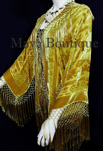 Antique Gold Fringe Jacket Short Kimono Duster Silk Burnout Velvet Maya Matazaro