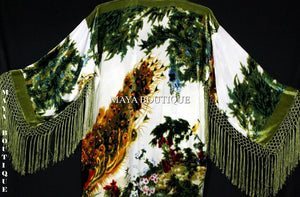 Kimono Duster Fringe Jacket Silk Solid Velvet Peacock Ivory Multi Maya Matazaro