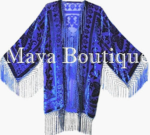 Royal Blue Short Flapper Fringe Jacket Kimono Silk Burnout Velvet Maya Jacket