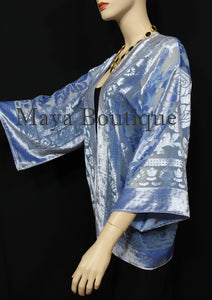 Light Blue Jacket Kimono Burnout Velvet Short No Fringe Hand Dyed Maya Matazaro