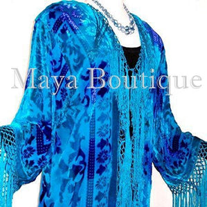 Silk Burnout Velvet Fringes Jacket Kimono Turquoise Blues Tye Dyed Maya Jackets