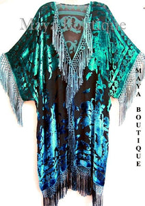 Wearable Art Kimono Caftan Fringe Jacket Silk Burnout Velvet Hand Dyed Teal Blue