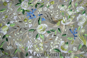 Flamenco Embroidered Silk Piano Shawl Wrap Pastels Flower Birds Greens 90" Maya