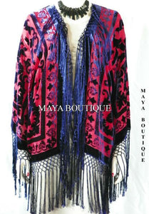 Burnout Velvet Silk Fringe Jacket Kimono Red & Navy Maya Matazaro NEW