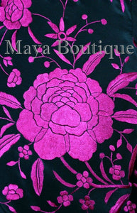 Maya Matazaro Embroidered Silk Fringe Jacket Kimono Black & Fuchsia Short