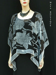 Silk Burnout Velvet Poncho Kimono Top Silver & Black No Fringe Maya Matazaro New