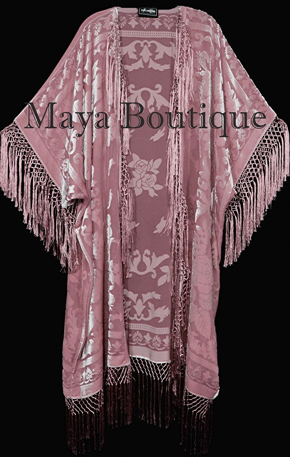 Rose Quarz Fringe Jacket Kimono Duster Silk Burnout Velvet Maya Matazaro Plus