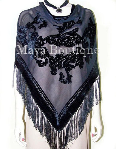 Black Shawl Wrap Scarf Silk Burnout Velvet Triangle With Fringes Maya Matazaro