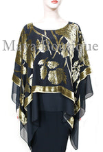 Maya Matazaro Layered Poncho Top Silk Burnout Velvet Chiffon Black Antique Gold