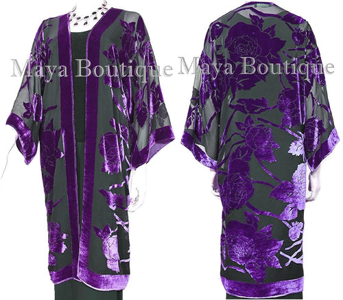 Purple Long Kimono Jacket Silk Burnout Velvet No Fringe Maya Matazaro