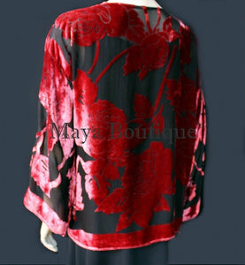Poppy Red Silk Burnout Velvet Jacket Short Kimono Style No Fringe Maya Matazaro