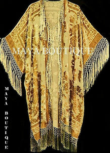 Antique Gold Silk Burnout Velvet Fringe Jacket Kimono Duster Maya Matazaro Plus