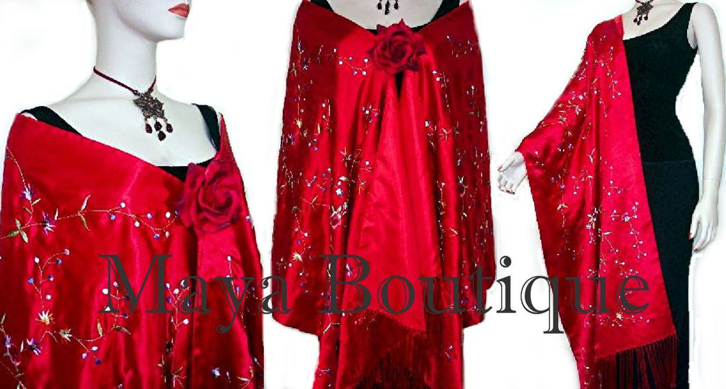 Huge Embroidered Silk Wrap Opera Shawl Scarf Red Multi Floral Maya Matazaro