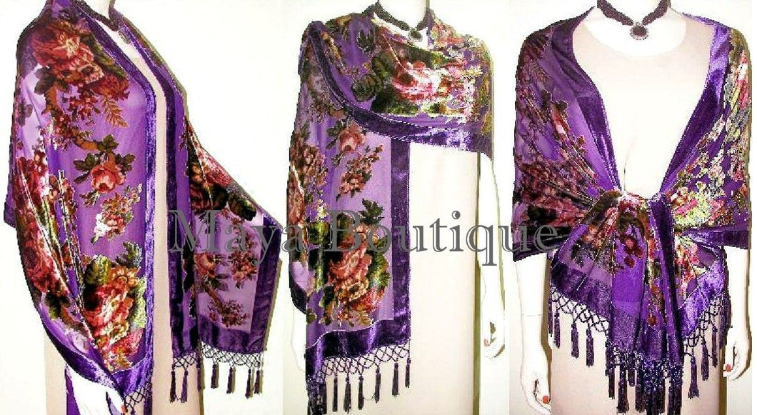 Silk Velvet Wrap Scarf Shawl Purple English Rose Beaded Maya Matazaro
