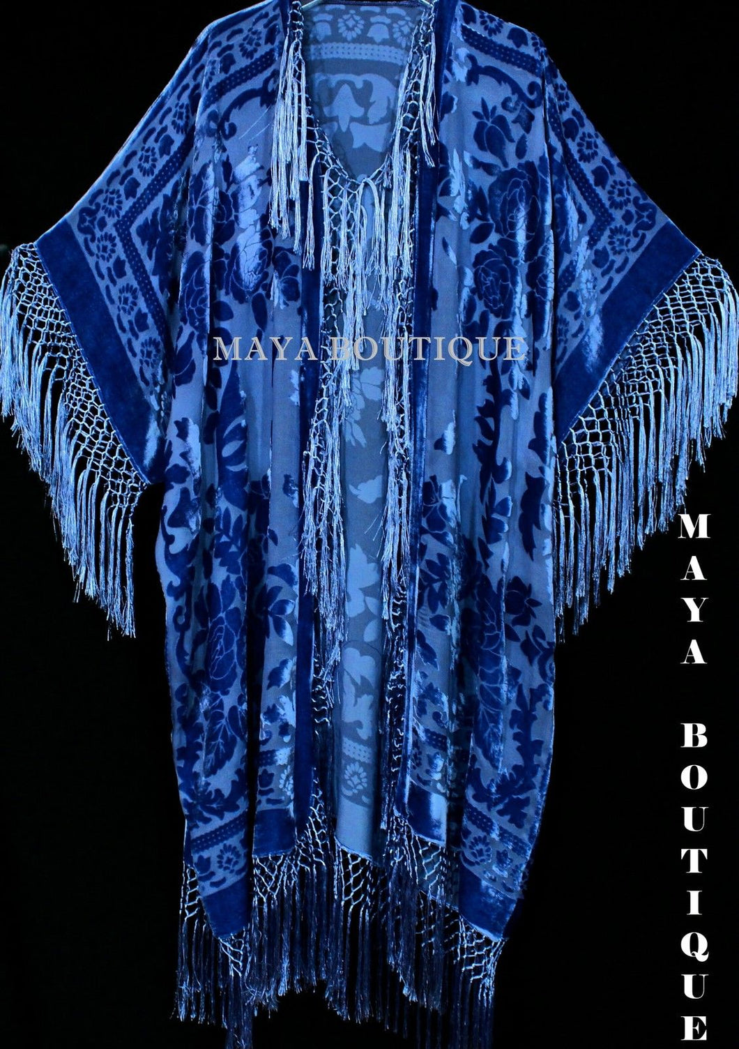 Royal Blue Kimono Duster Fringe Jacket Silk Burnout Velvet Maya Matazaro Plus