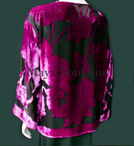 Silk Burnout Velvet Jacket Short Kimono  Raspberry Black No Fringe Maya Matazaro