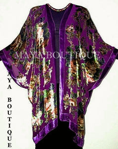 Caftan Kimono Jacket Silk Burnout Velvet Purple Multi Gypsy Rose Maya Matazaro