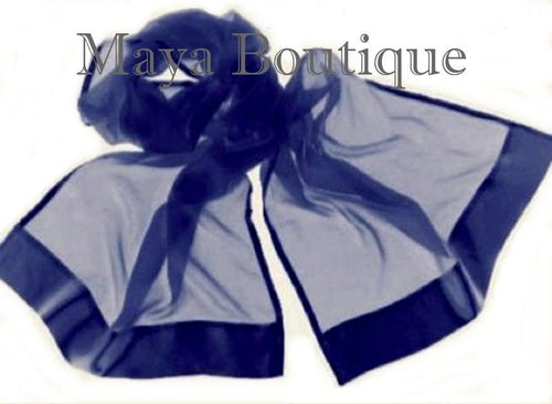 CHIFFON SILK SHAWL SCARF WRAP SATIN BORDER NAVY BLUE MAYA