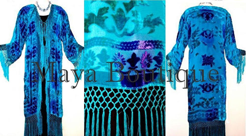Silk Burnout Velvet Fringes Jacket Kimono Turquoise Blues Tye Dyed Maya Jackets