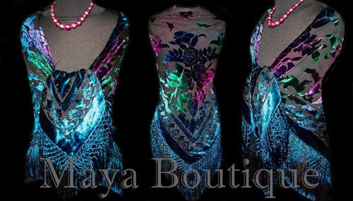 MAYA MATAZARO Burnout Velvet Piano Shawl Wrap Scarf Tye Dye Navy