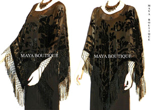 Black Silk Burnout Velvet Poncho Shawl Fringe Top Maya Matazaro One Size