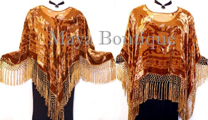 Copper Silk Burnout Velvet Poncho Fringe Top Shawl Maya Matazaro New