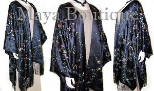 Caftan Kimono Duster Embroidered Silk Charmeuse Fringed & Lined NEW MAYA