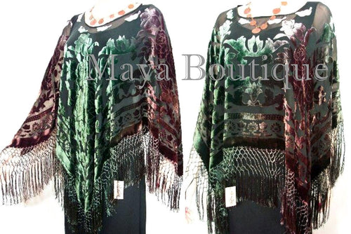 Silk Burnout Velvet Poncho Shawl Top Hand Dye Brown Green Ombre Maya Matazaro