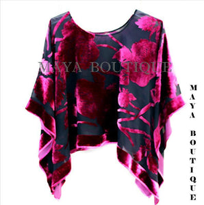 Silk Burnout Velvet Poncho Kimono Top Raspberry & Black No Fringe Maya Matazaro
