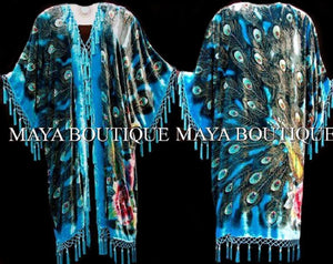 Kimono Opera Coat Duster Beaded Silk Burnout Velvet Peacock Turquoise MAYA PLUS