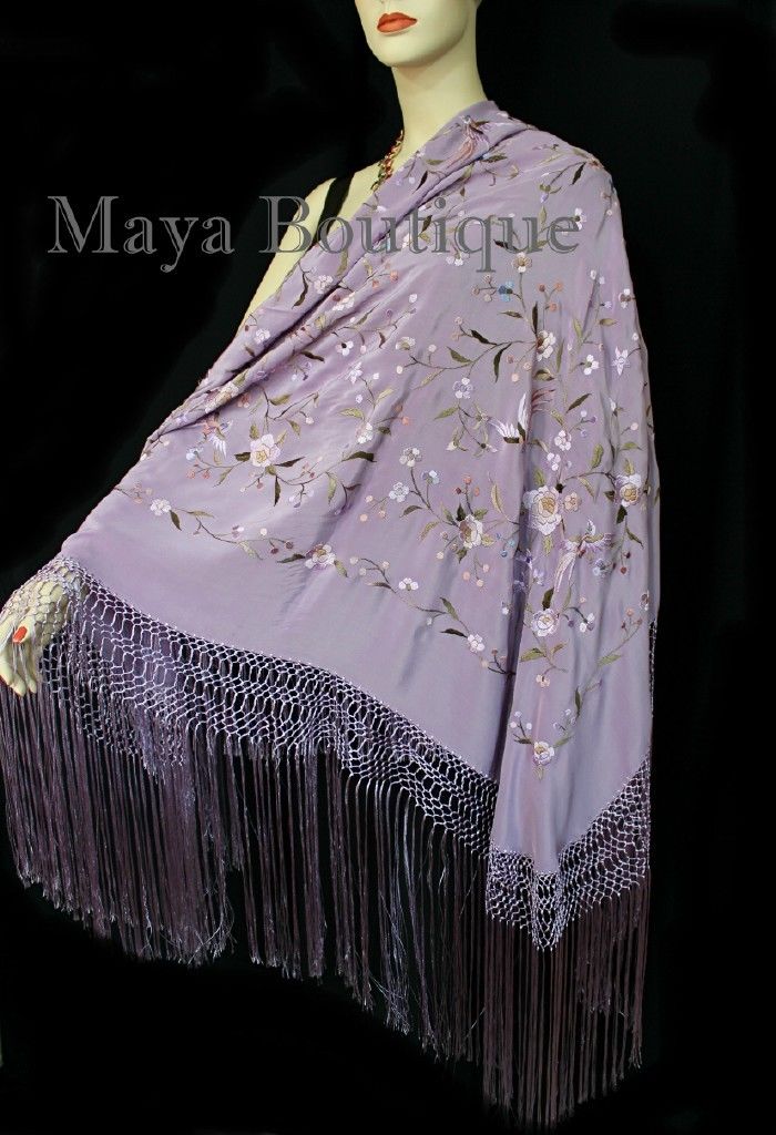 Flamenco Embroidered Silk Piano Shawl Wrap Lilac Multi Flower & Birds 84