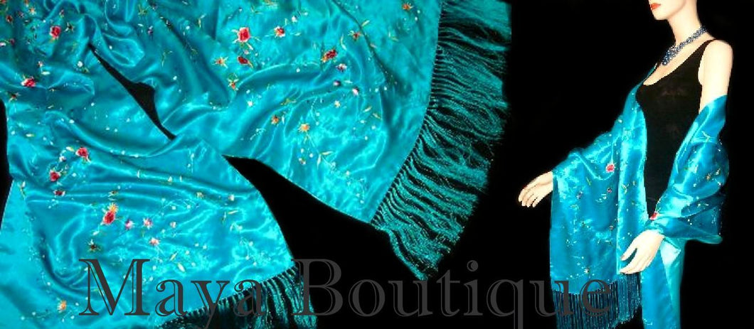 Huge Embroidered Silk Wrap Opera Shawl Scarf Turquoise Multi Maya Clothing New