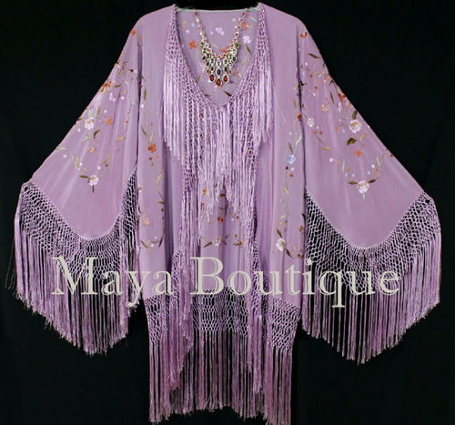 Maya Matazaro Embroidered Silk Fringe Jacket Kimono Lilac Multi Birds Flower