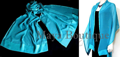 Aquamarine Chiffon Silk Shawl Scarf Wrap Satin Border Maya Matazaro