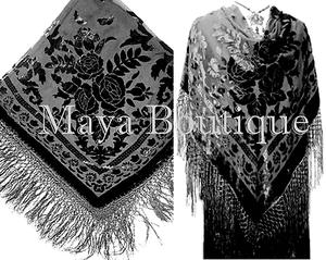 Maya Matazaro Black Wrap Scarf Piano Shawl Silk Burnout Velvet Square Fringed