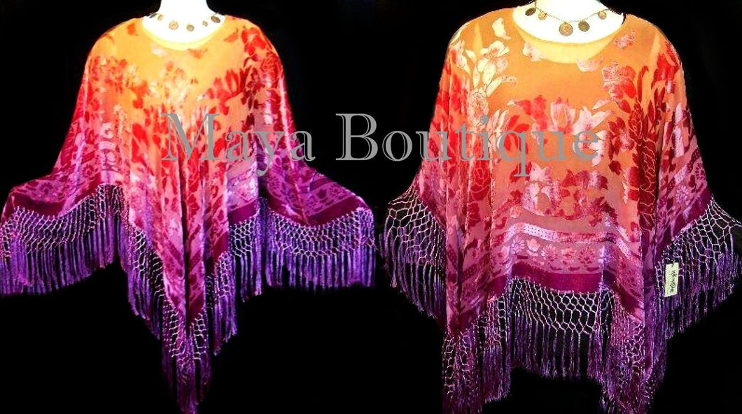 Maya Matazaro Dyed Poncho Shawl Top Magenta & Coral Silk Burnout Velvet USA Made