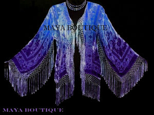 Blue & Purple Burnout Velvet Fringe Jacket Kimono Short Hand dyed Maya Matazaro