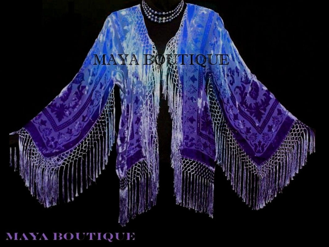 Blue & Purple Burnout Velvet Fringe Jacket Kimono Short Hand dyed Maya Matazaro