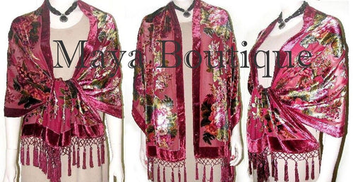 CHERRY VICTORIAN ROSE SILK WRAP SCARF SHAWL BEADED FRINGES MAYA MATAZARO