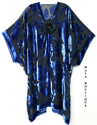 Silk Burnout Velvet Jacket Kimono Duster Blue & Black No Fringe Maya Matazaro